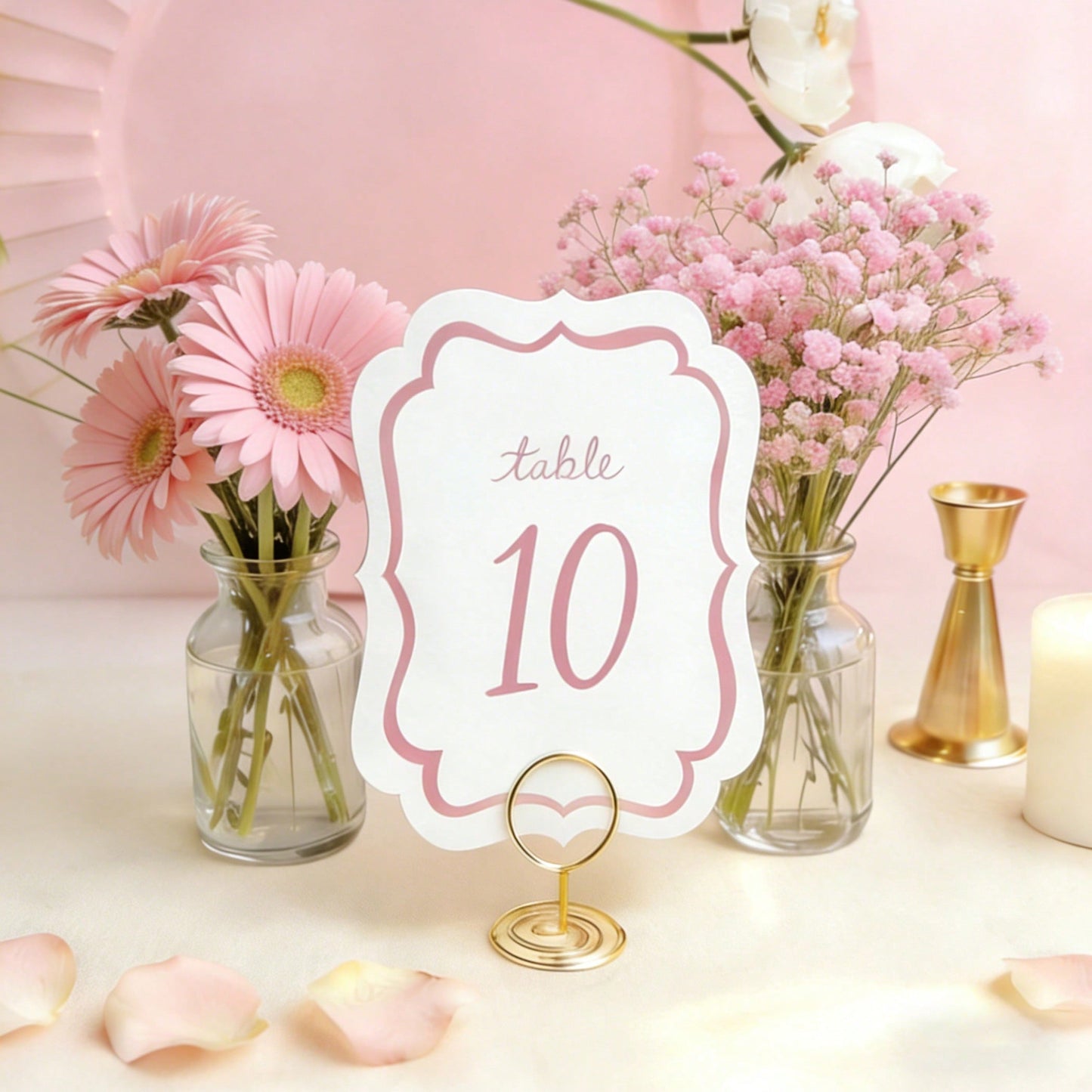 10-Piece Pink Watercolor Wedding Table Numbers with Gold Metal Holders