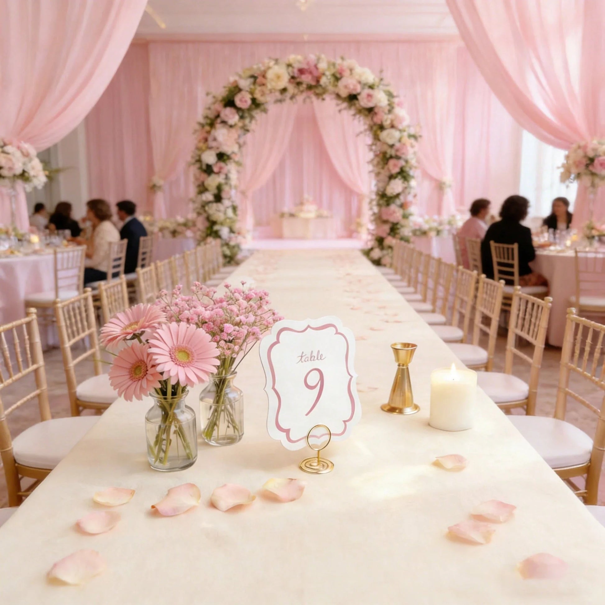 10-Piece Pink Watercolor Wedding Table Numbers with Gold Metal Holders