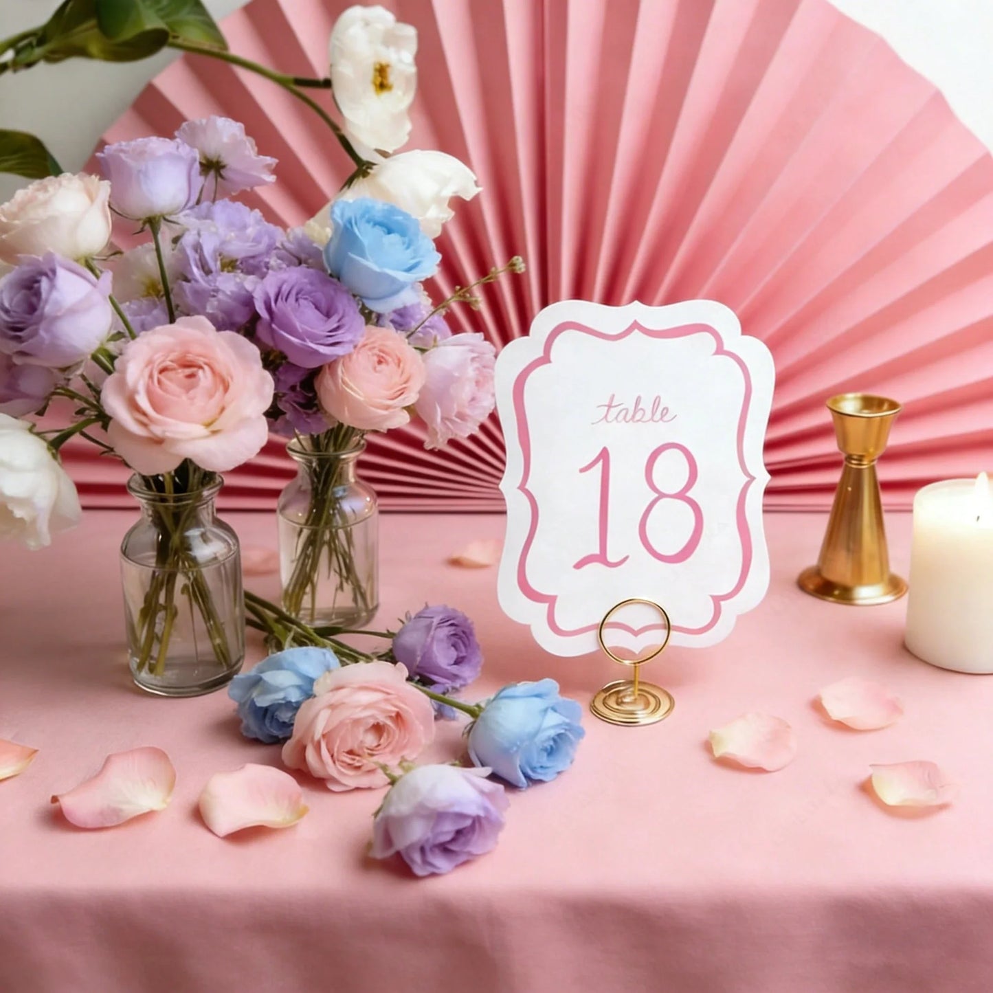 10-Piece Pink Watercolor Wedding Table Numbers with Gold Metal Holders