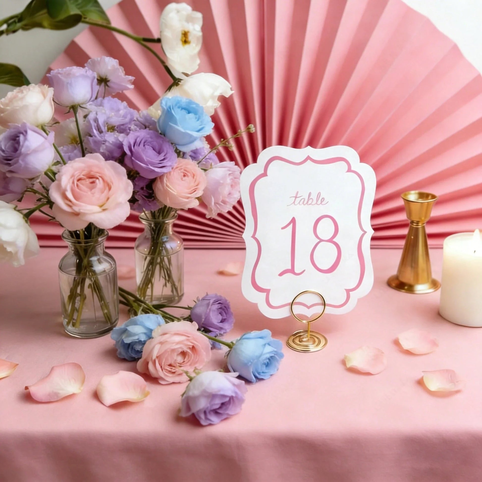 10-Piece Pink Watercolor Wedding Table Numbers with Gold Metal Holders