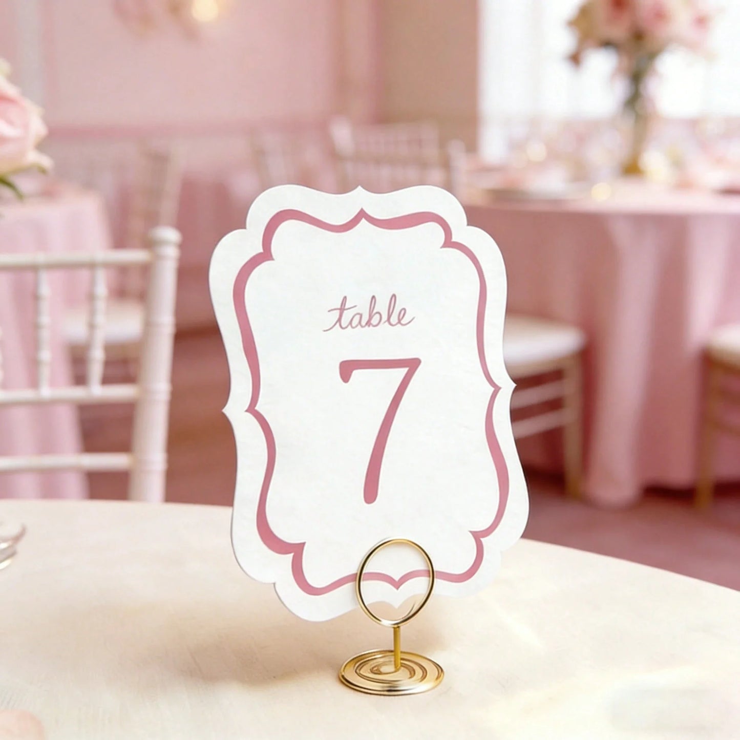 10-Piece Pink Watercolor Wedding Table Numbers with Gold Metal Holders