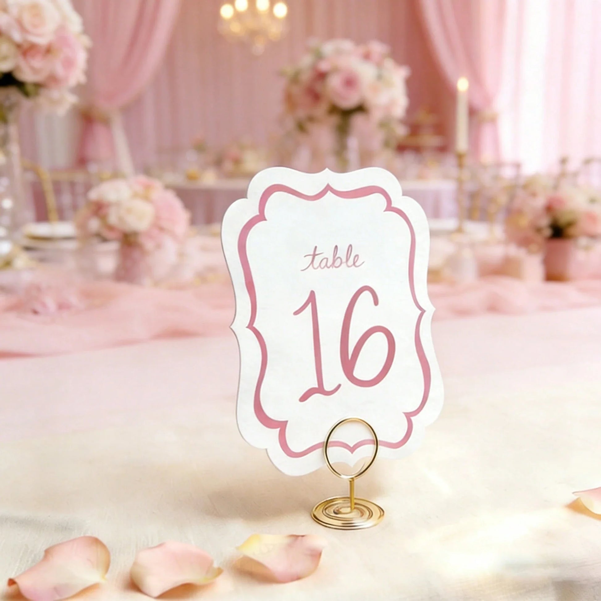 10-Piece Pink Watercolor Wedding Table Numbers with Gold Metal Holders