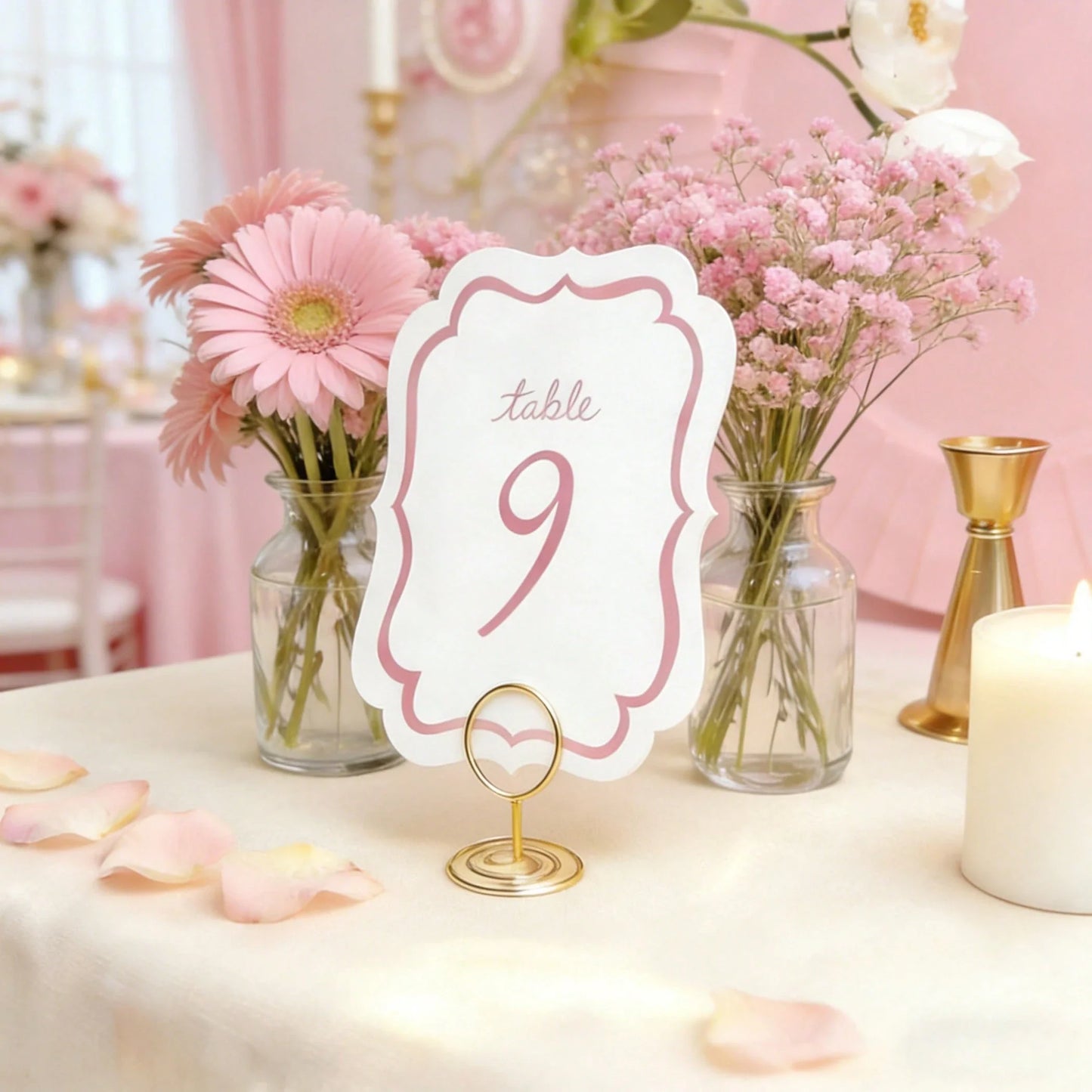 10-Piece Pink Watercolor Wedding Table Numbers with Gold Metal Holders