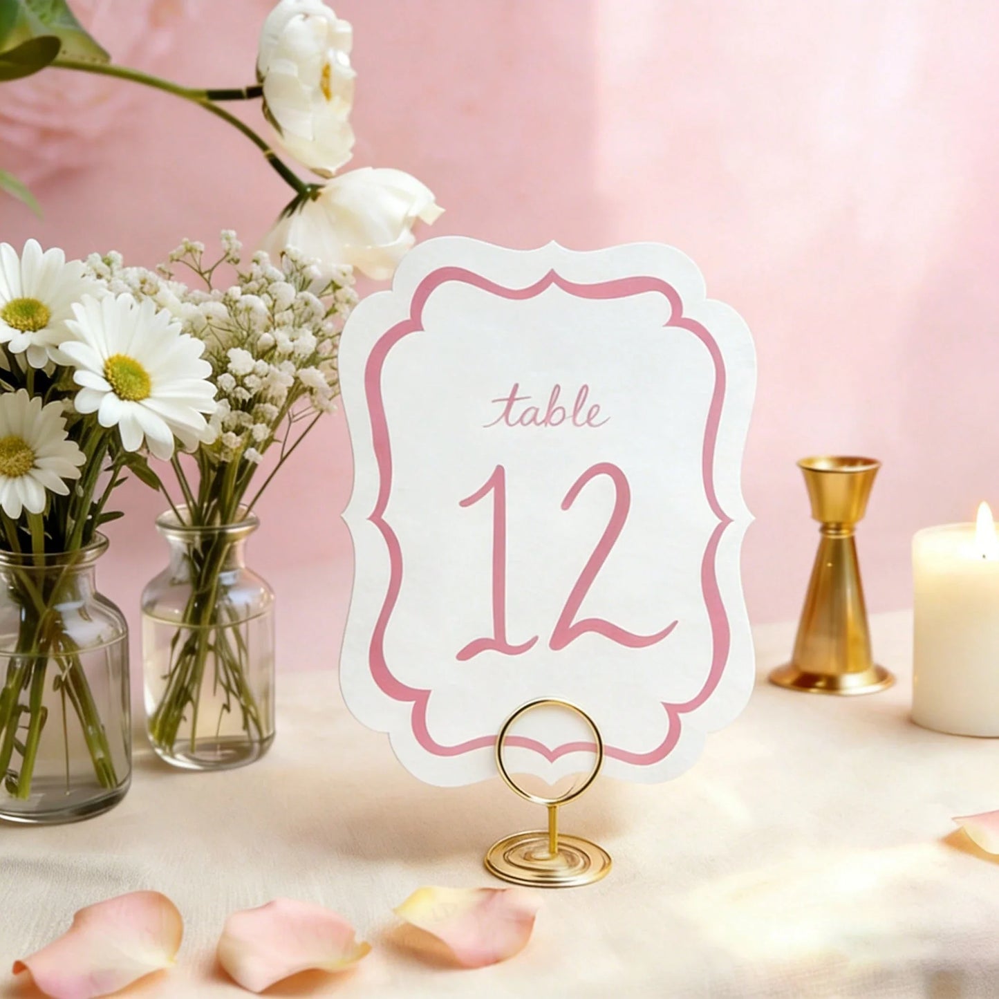 10-Piece Pink Watercolor Wedding Table Numbers with Gold Metal Holders