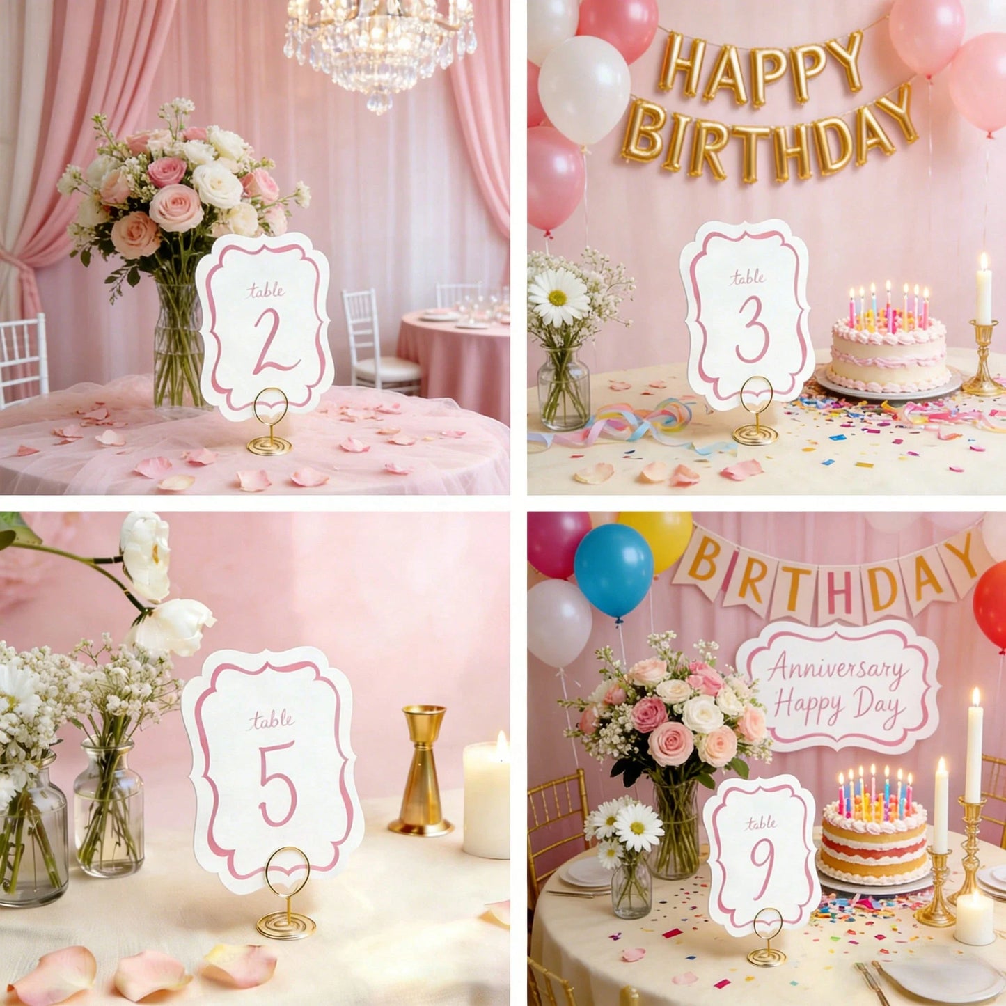 10-Piece Pink Watercolor Wedding Table Numbers with Gold Metal Holders