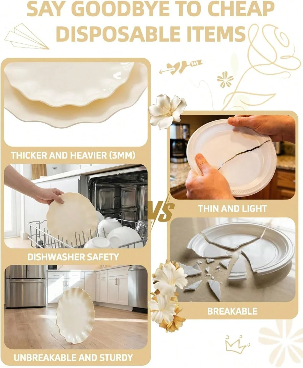 24-Piece Reusable Unbreakable Plastic Dinner and Salad Plates Set