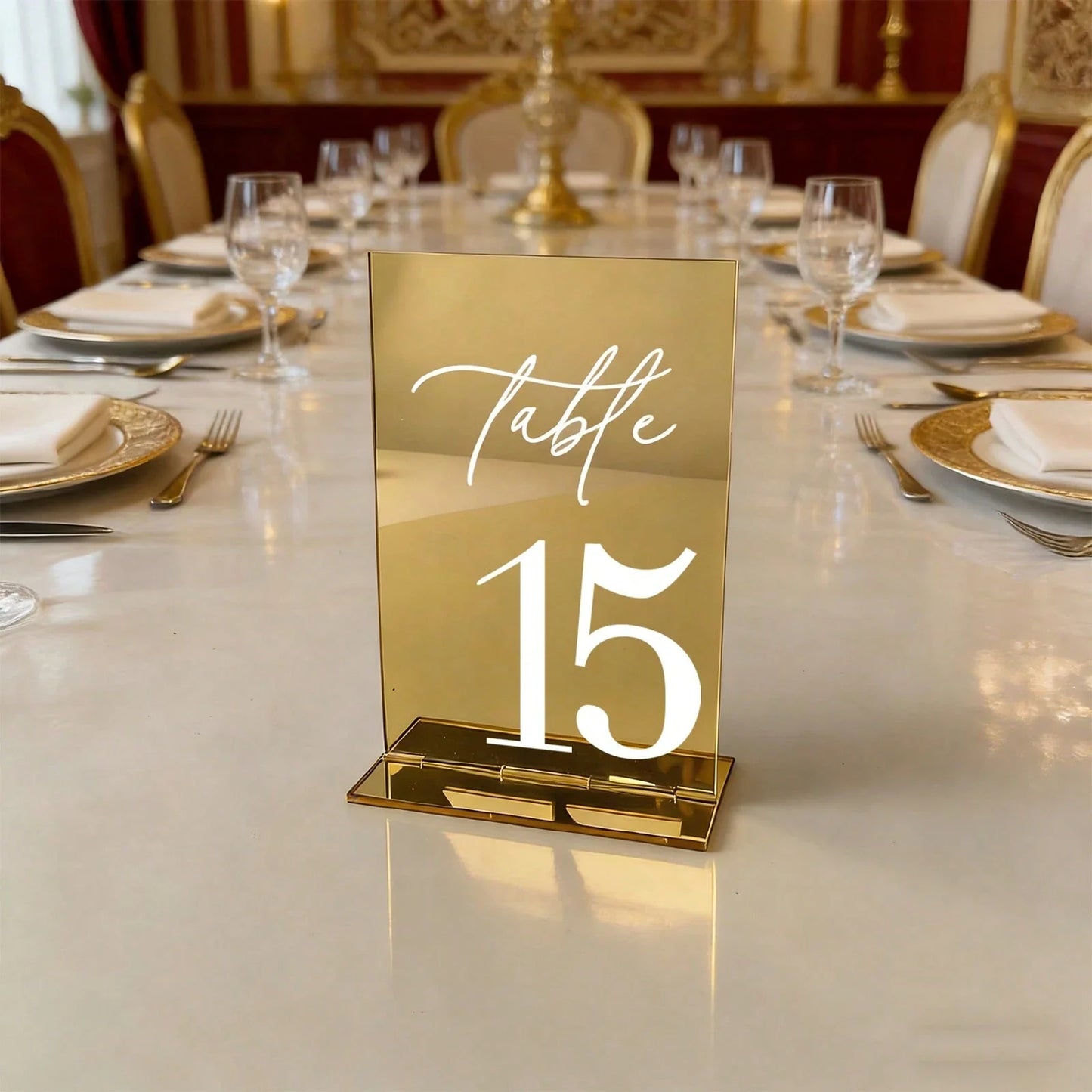 Gold Mirror Acrylic Wedding Table Numbers 10x15 cm Elegant Calligraphy Print