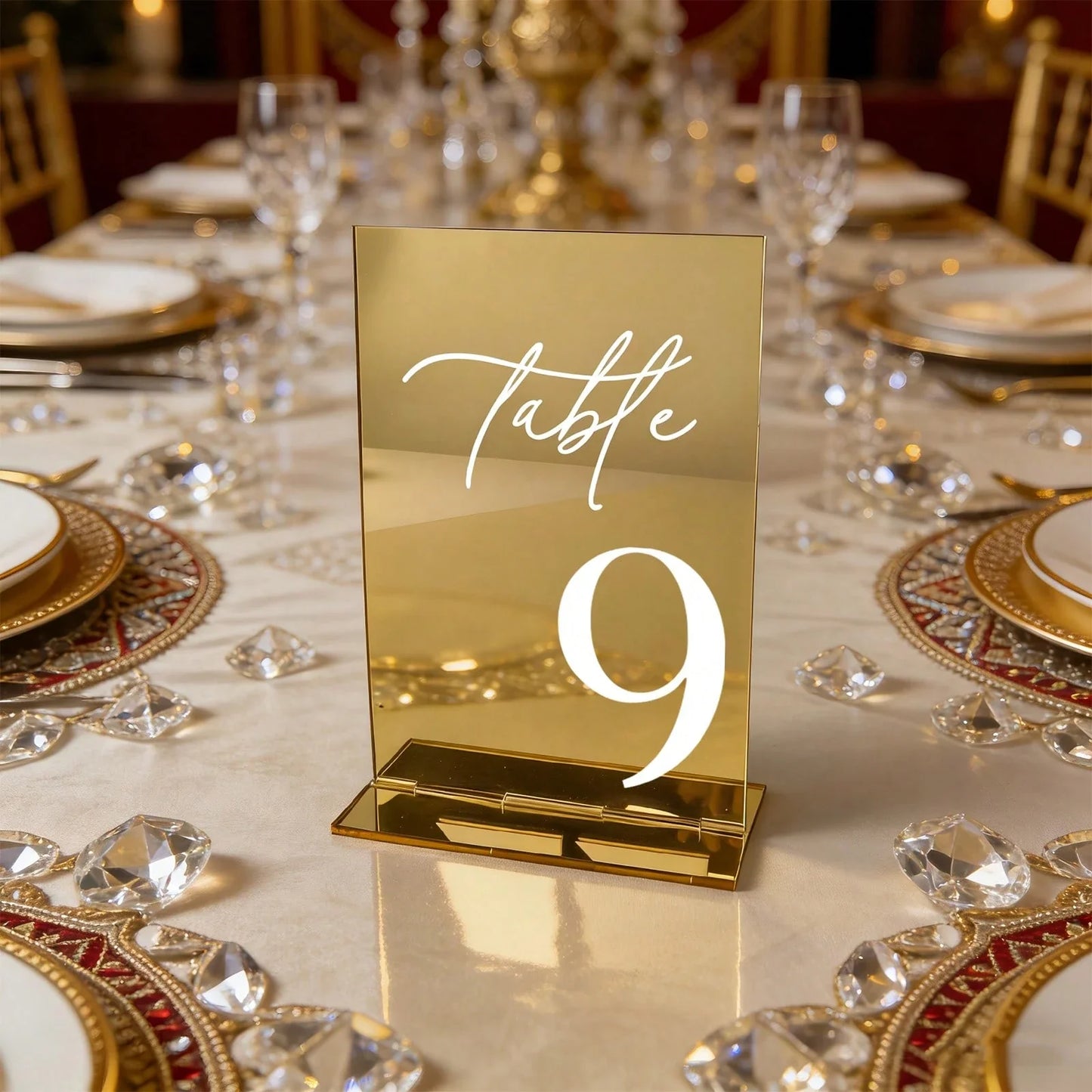 Gold Mirror Acrylic Wedding Table Numbers 10x15 cm Elegant Calligraphy Print