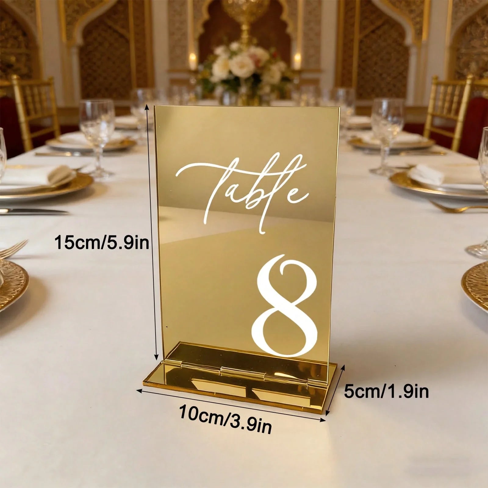 Gold Mirror Acrylic Wedding Table Numbers 10x15 cm Elegant Calligraphy Print