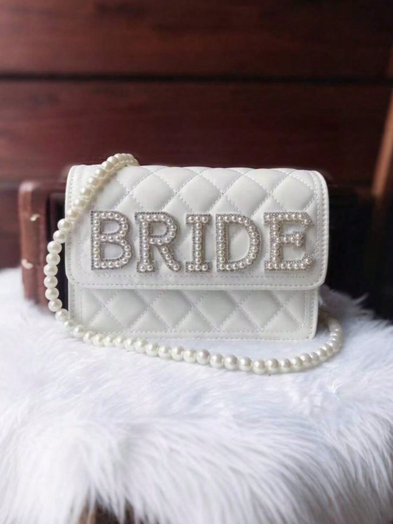 Women's White Leather Pearl Chain Clutch Bag for Wedding Evening