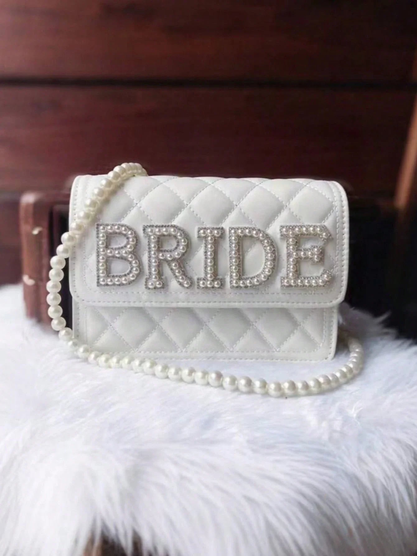 Women's White Leather Pearl Chain Clutch Bag for Wedding Evening