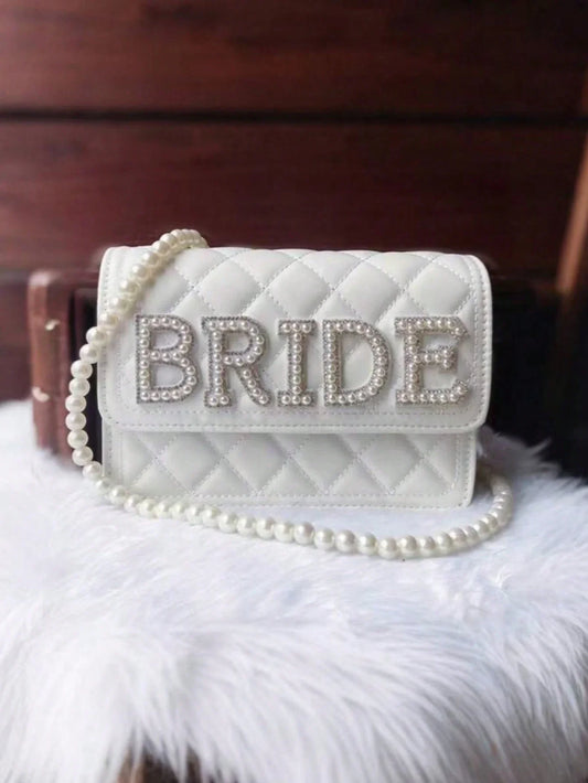 Women's White Leather Pearl Chain Clutch Bag for Wedding Evening