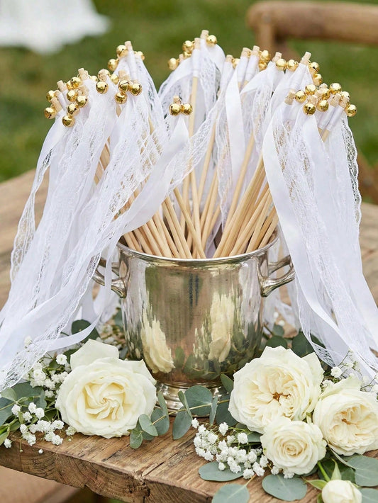 Vintage White Lace Wedding Ribbon Wands with Gold Bells