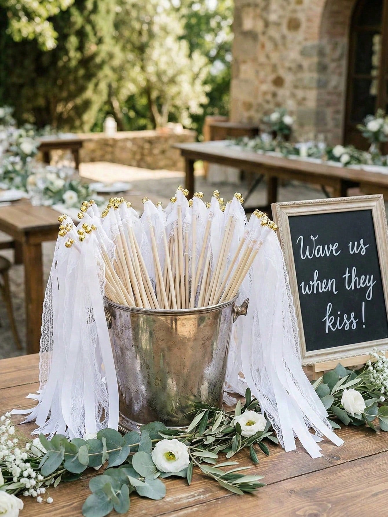Vintage White Lace Wedding Ribbon Wands with Gold Bells