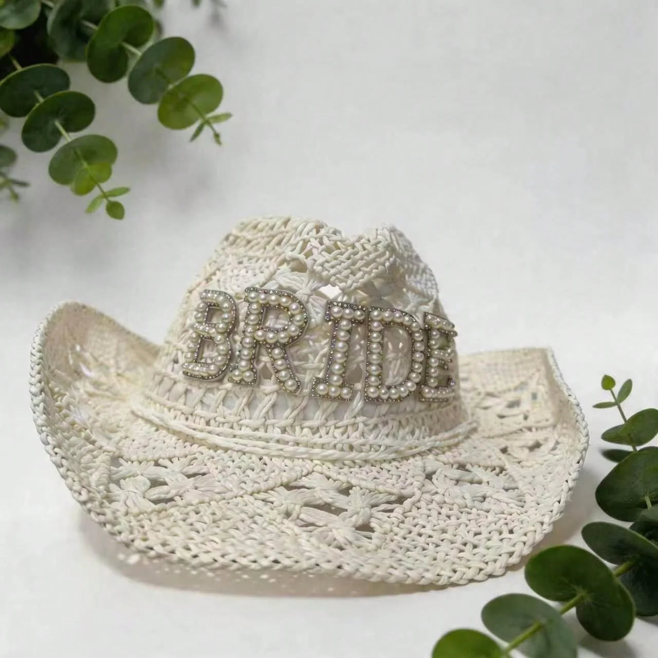 Women's Faux Pearl Hollow Woven Bridal Felt Cowboy Hat for Weddings