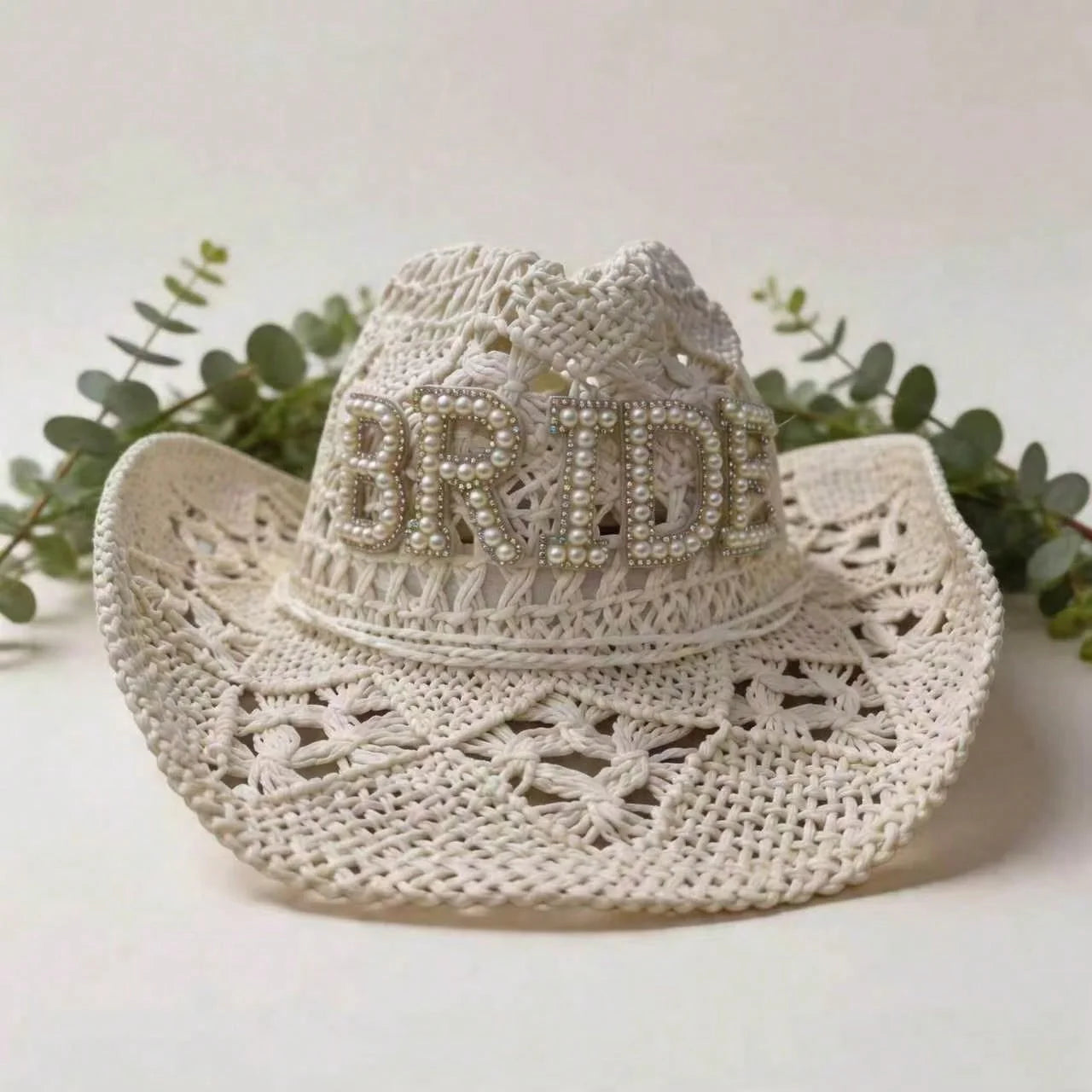 Women's Faux Pearl Hollow Woven Bridal Felt Cowboy Hat for Weddings