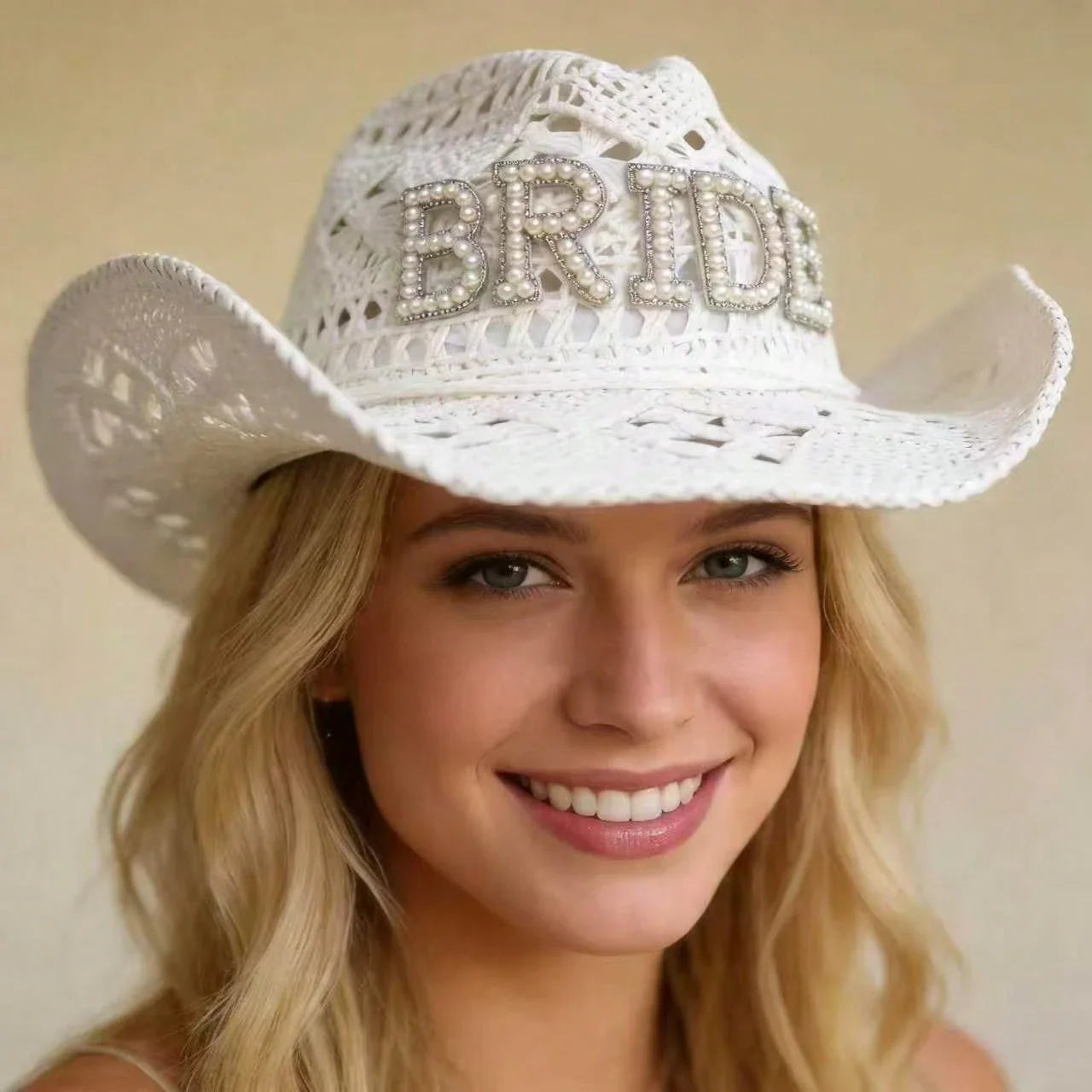 Women's Faux Pearl Hollow Woven Bridal Felt Cowboy Hat for Weddings