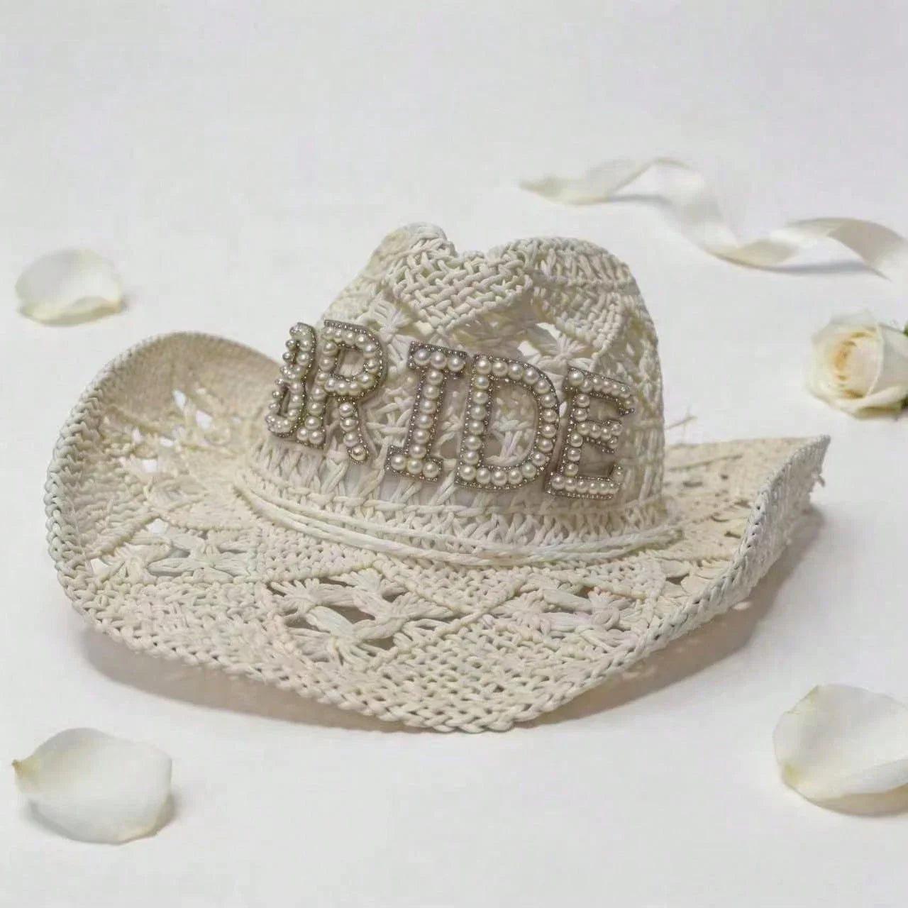 Women's Faux Pearl Hollow Woven Bridal Felt Cowboy Hat for Weddings