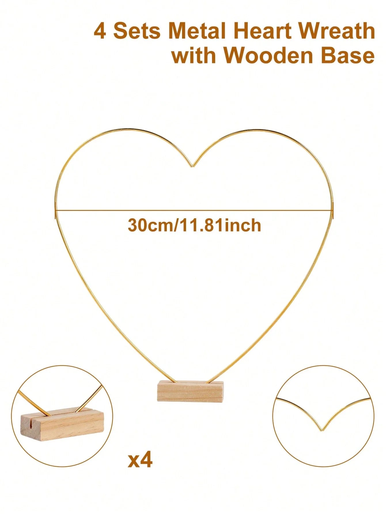 4-Piece Metal Heart Wreath with Wooden Base Gold Floral Display Stand