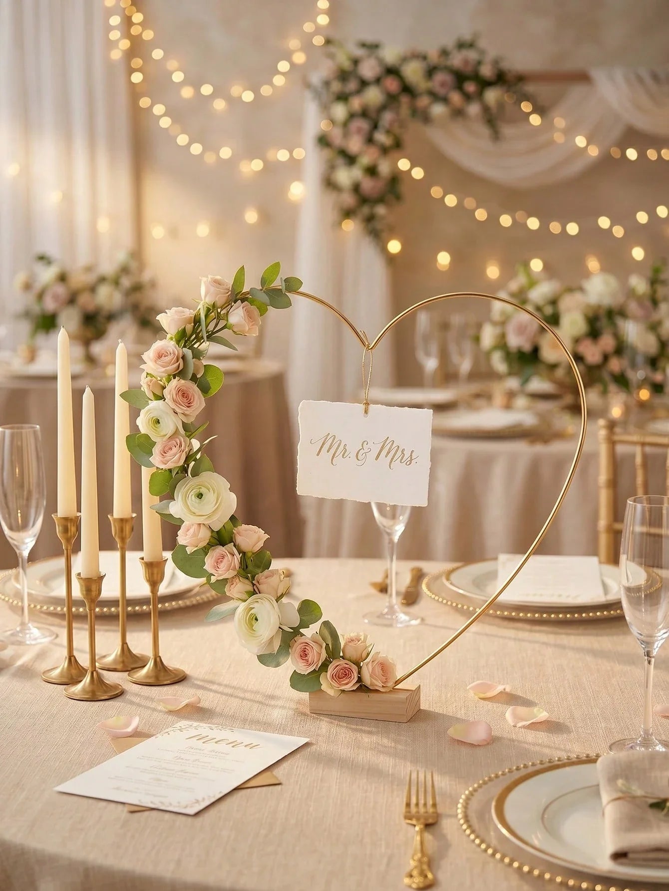 4-Piece Metal Heart Wreath with Wooden Base Gold Floral Display Stand