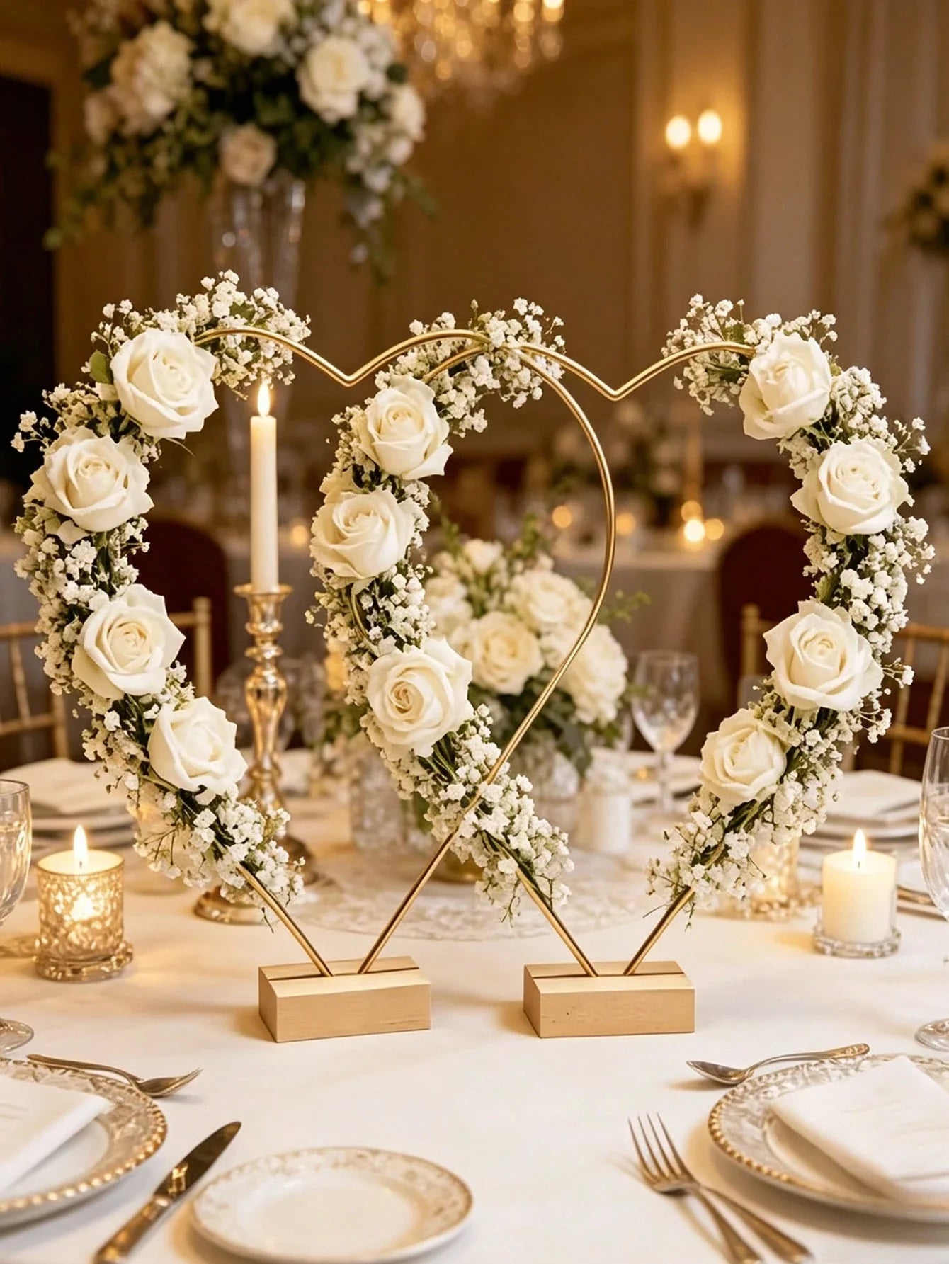 4-Piece Metal Heart Wreath with Wooden Base Gold Floral Display Stand
