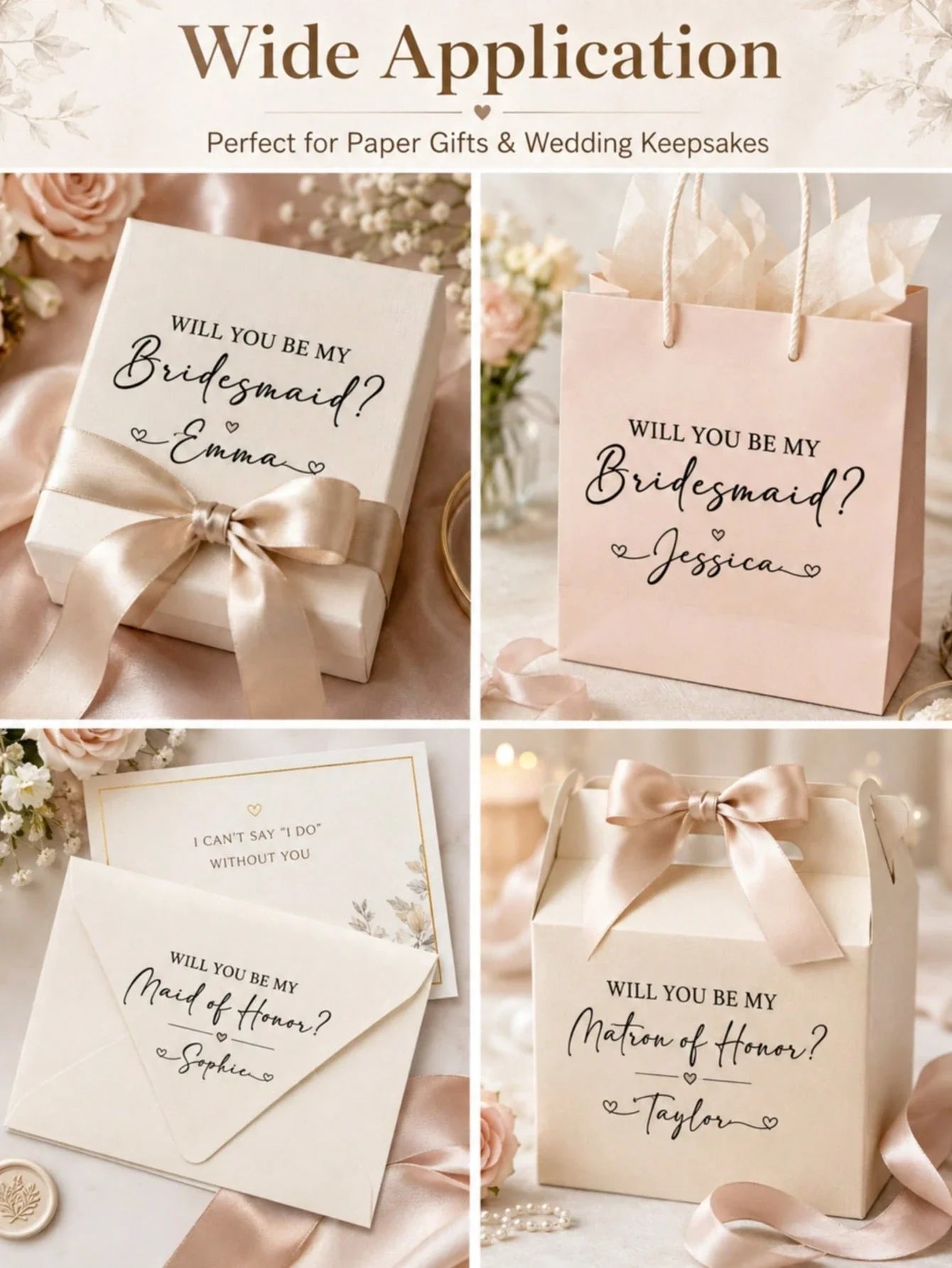 4-Piece Will You Be My Bridesmaid Transfer Stickers Vinyl Decals