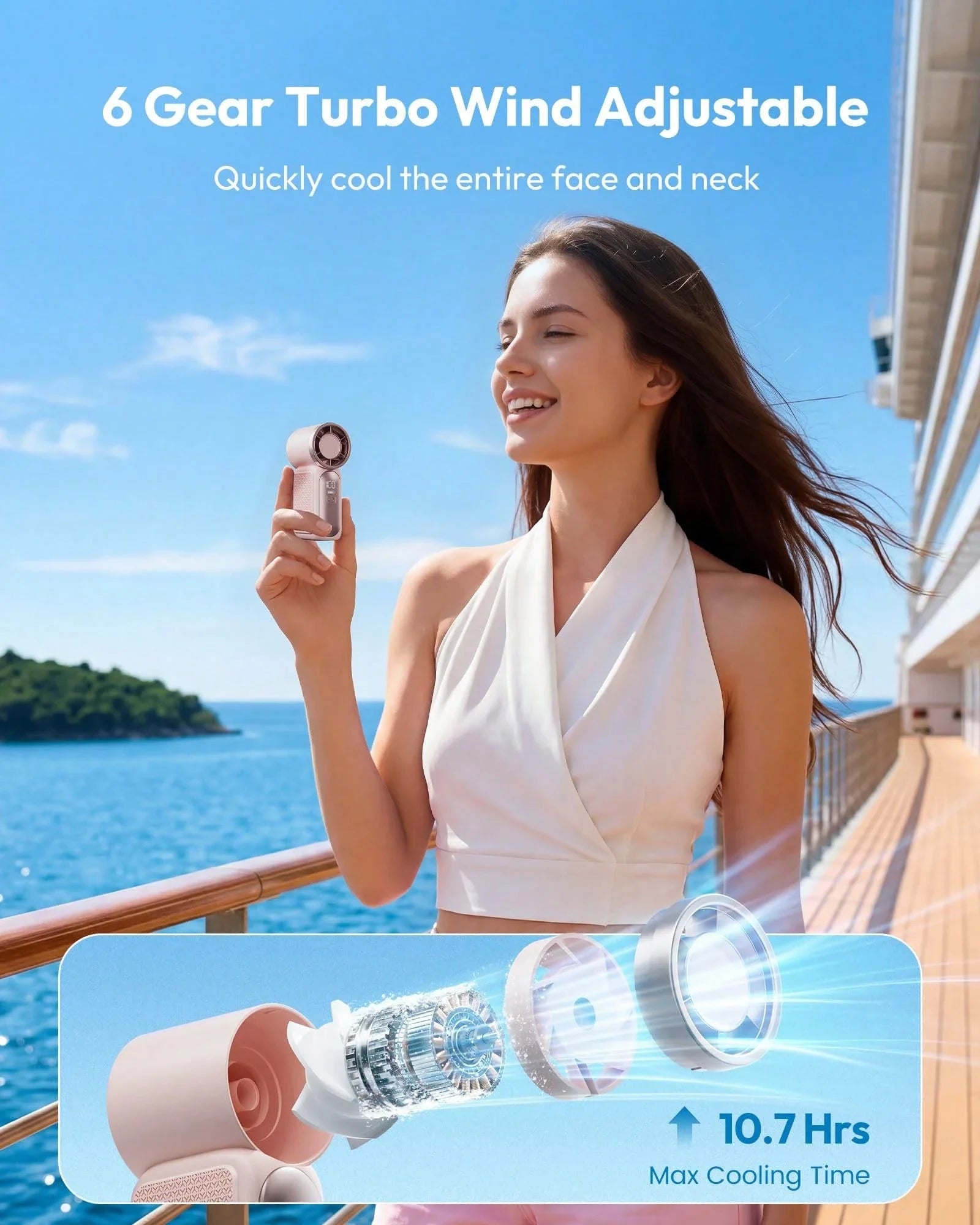 5000mAh Portable Handheld Fan with 5 Speeds for Travel & Beach