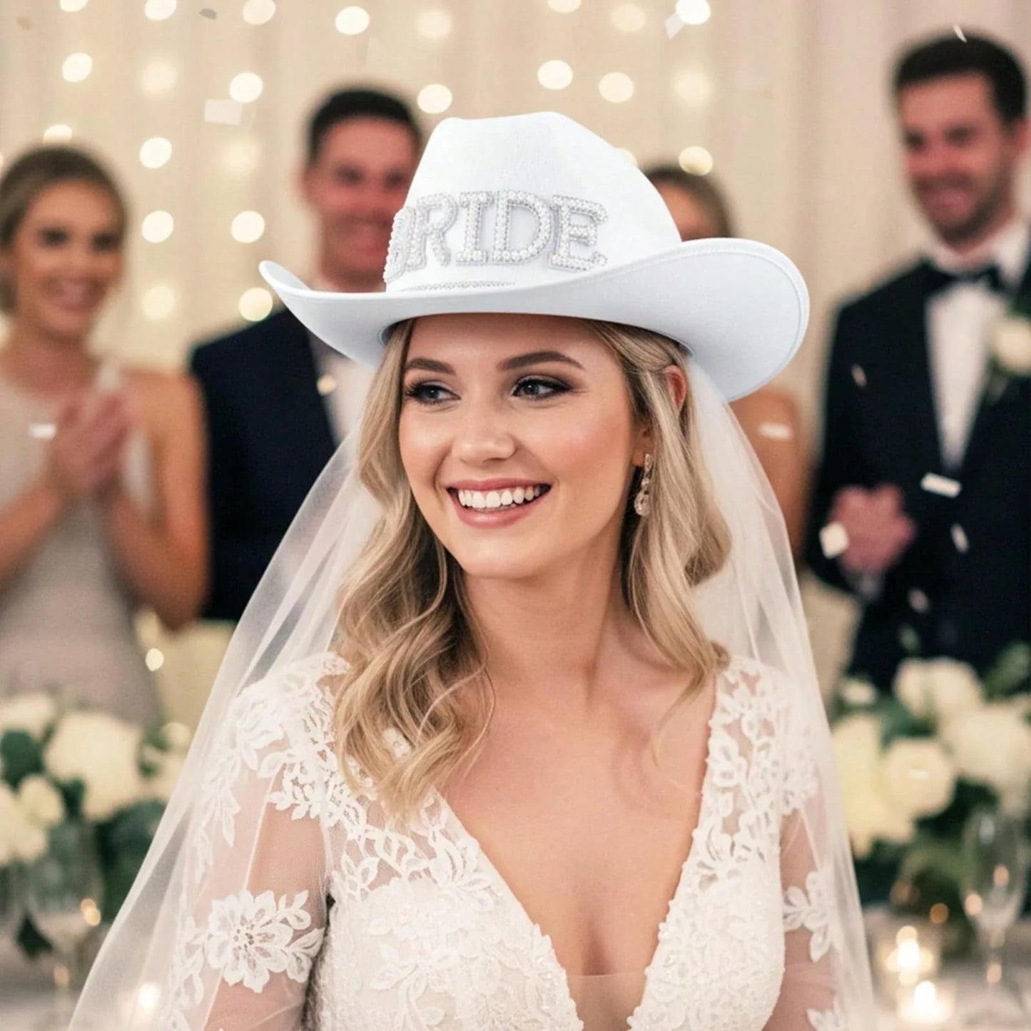Women's White Cowboy Hat with Veil for Bachelorette Party