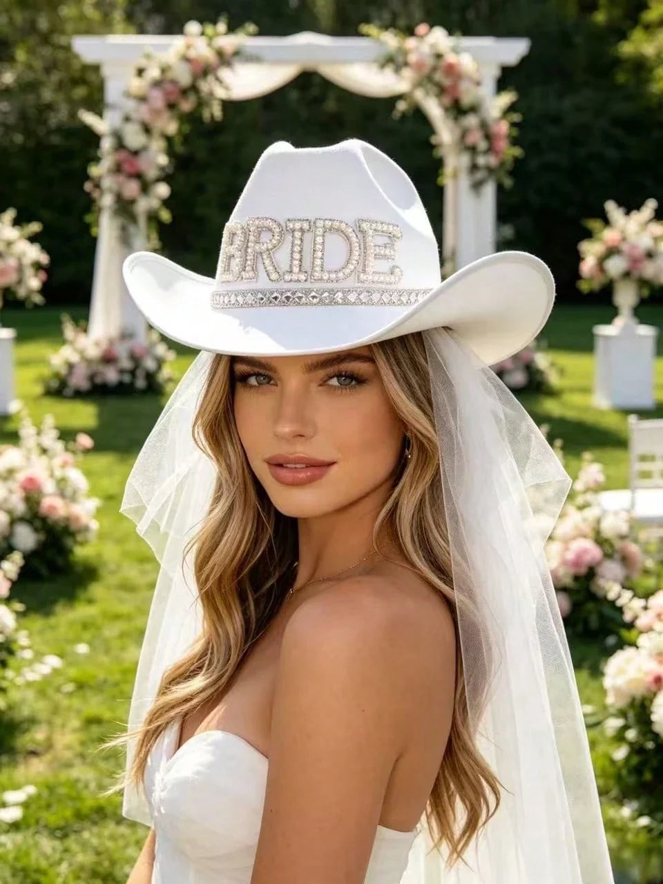 Women's White Cowboy Hat with Veil for Bachelorette Party