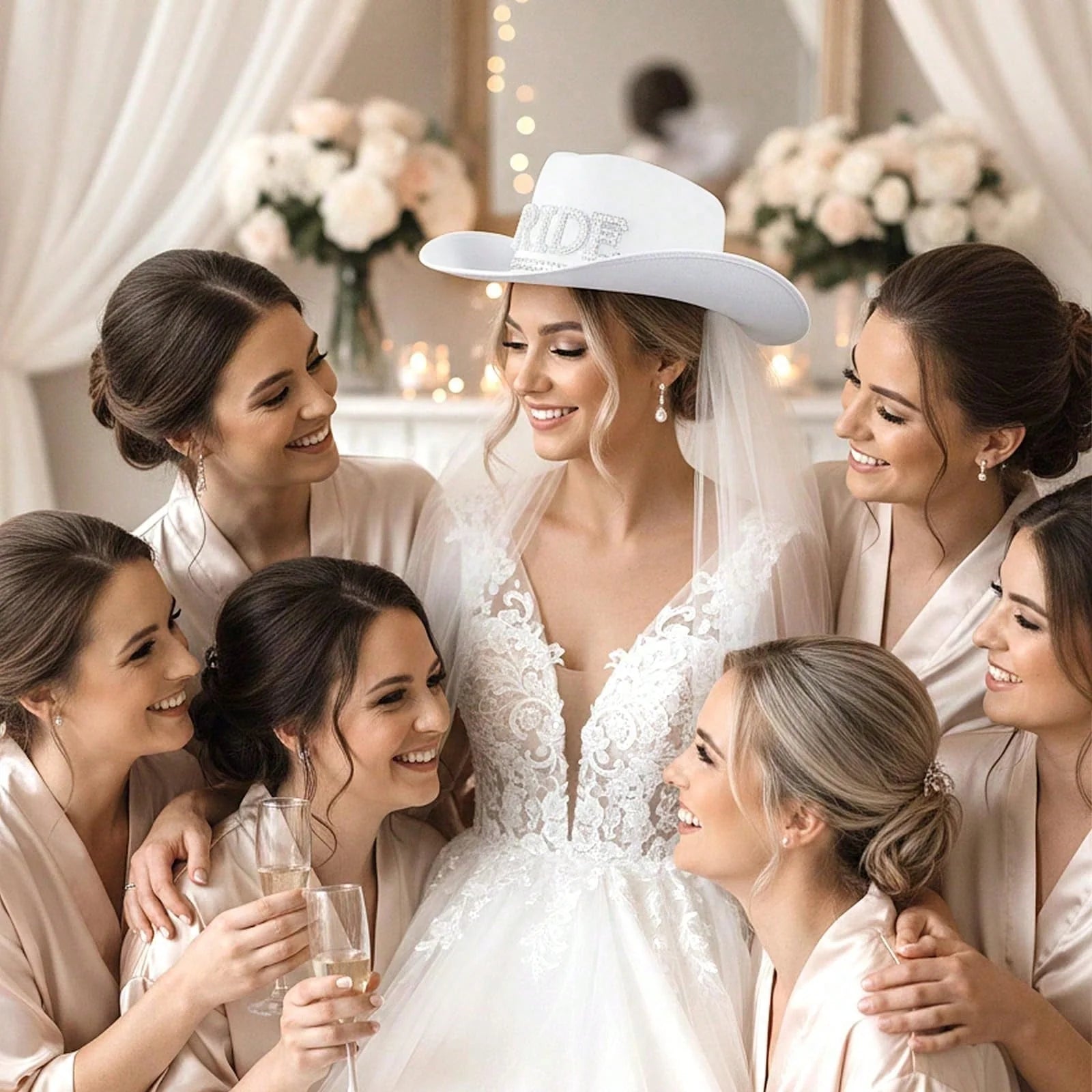 Women's White Cowboy Hat with Veil for Bachelorette Party