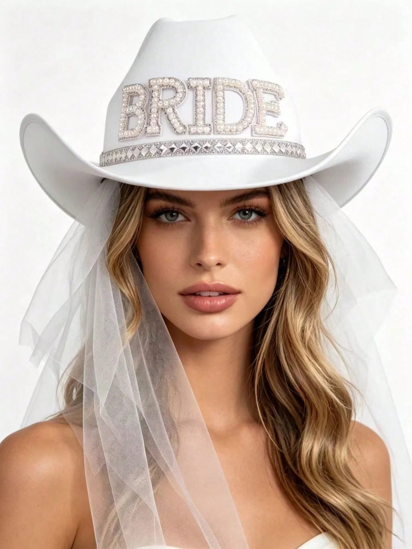 Women's White Cowboy Hat with Veil for Bachelorette Party