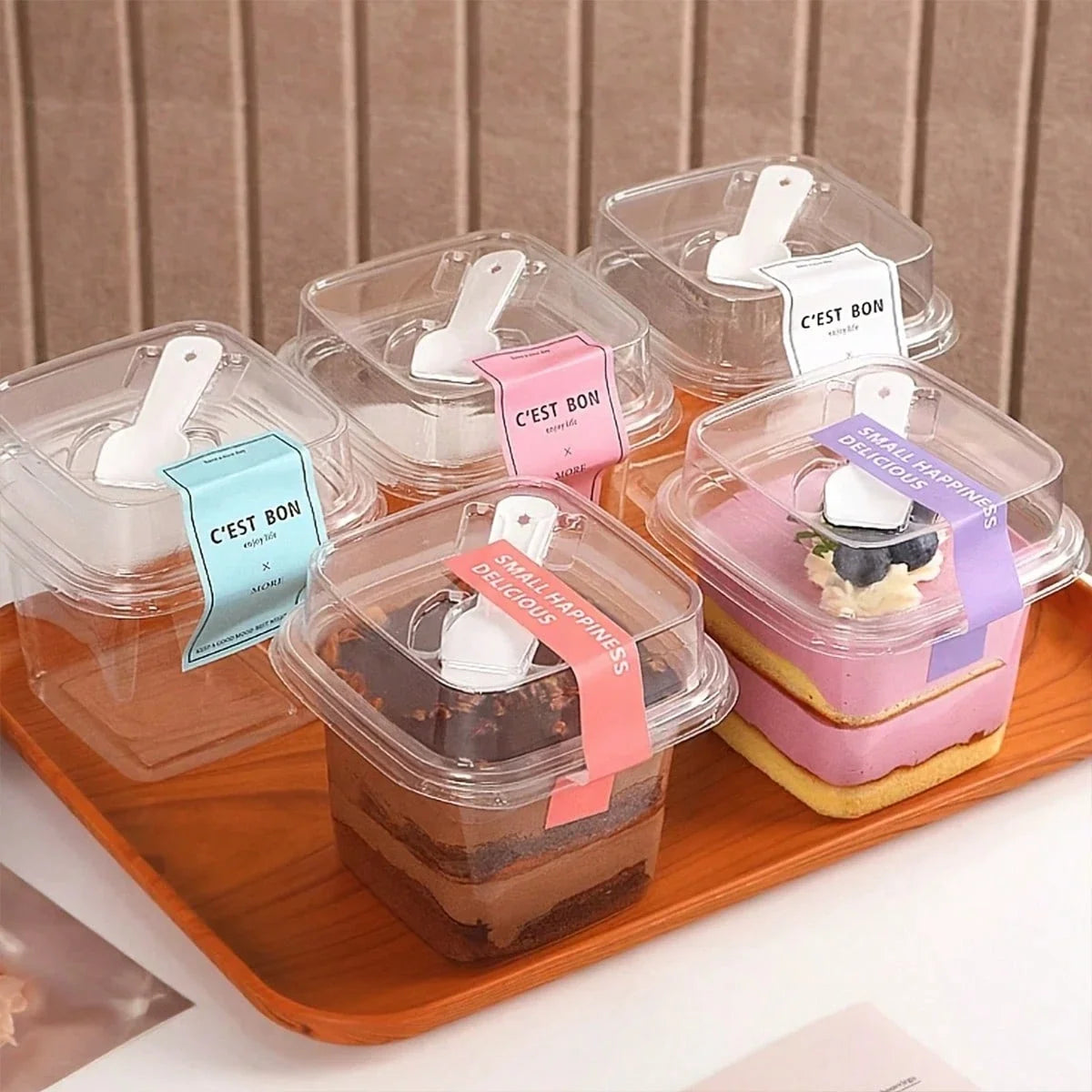 100-Piece Square Transparent Cake Cups with Lids and Spoons for Mousse, Yogurt, and Desserts