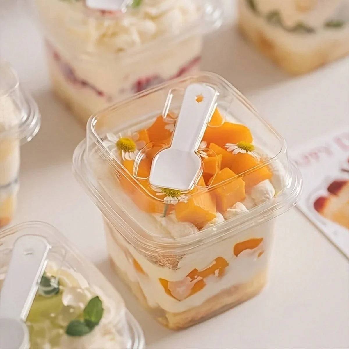100-Piece Square Transparent Cake Cups with Lids and Spoons for Mousse, Yogurt, and Desserts