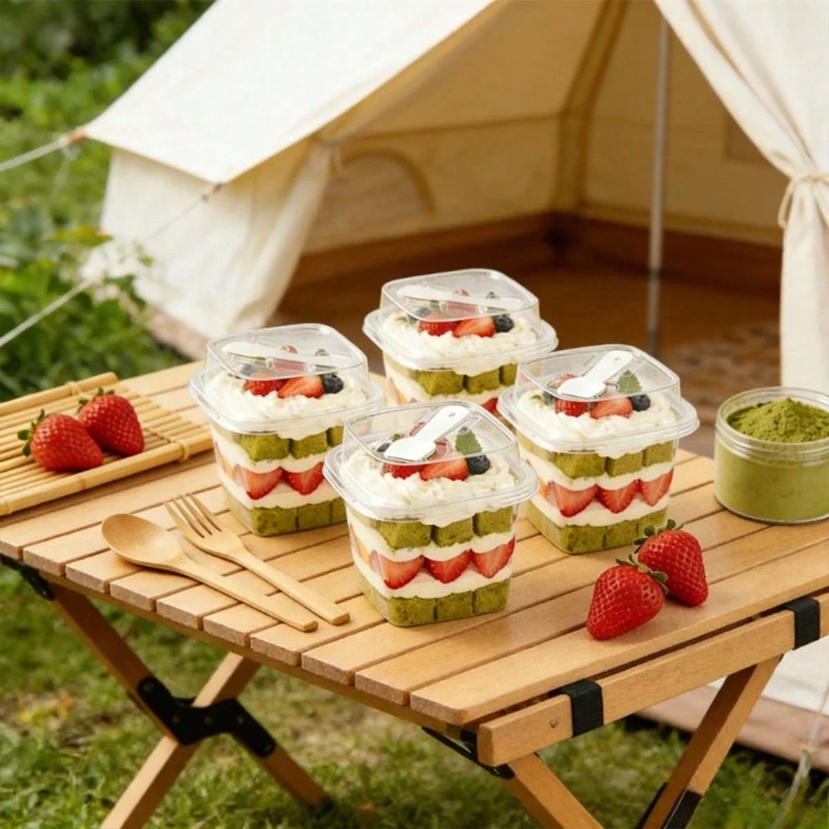 100-Piece Square Transparent Cake Cups with Lids and Spoons for Mousse, Yogurt, and Desserts