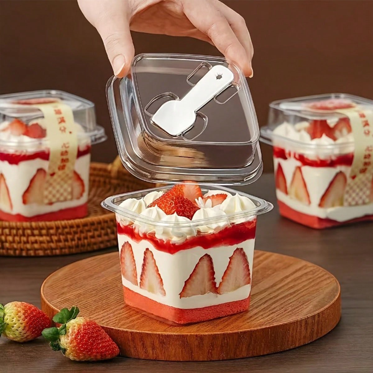 100-Piece Square Transparent Cake Cups with Lids and Spoons for Mousse, Yogurt, and Desserts