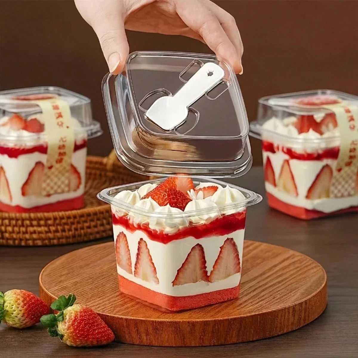 100-Piece Square Transparent Cake Cups with Lids and Spoons for Mousse, Yogurt, and Desserts