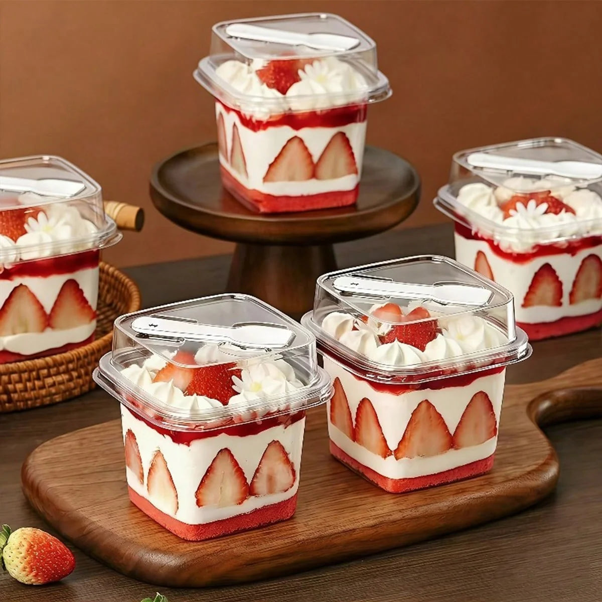 100-Piece Square Transparent Cake Cups with Lids and Spoons for Mousse, Yogurt, and Desserts