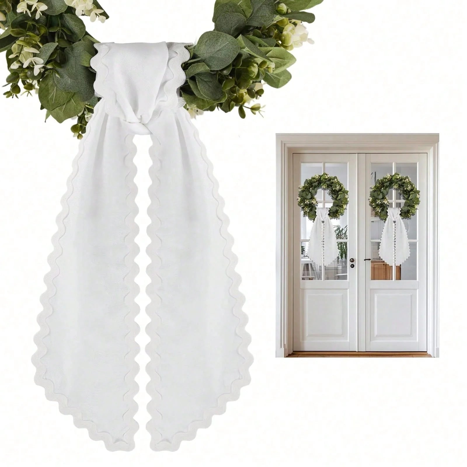 2-Pack White Scalloped Wreath Sash for Front Door & Home Decor