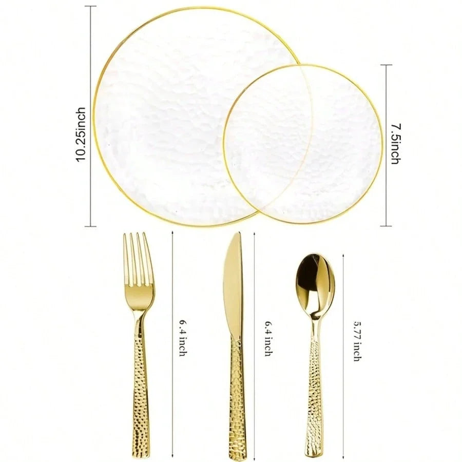 100-Piece Clear Hammered Gold Rim Disposable Plastic Dinnerware Set for 20 Guests