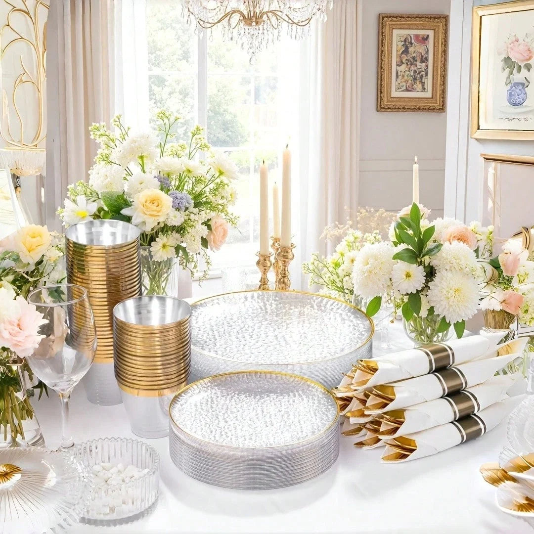 100-Piece Clear Hammered Gold Rim Disposable Plastic Dinnerware Set for 20 Guests