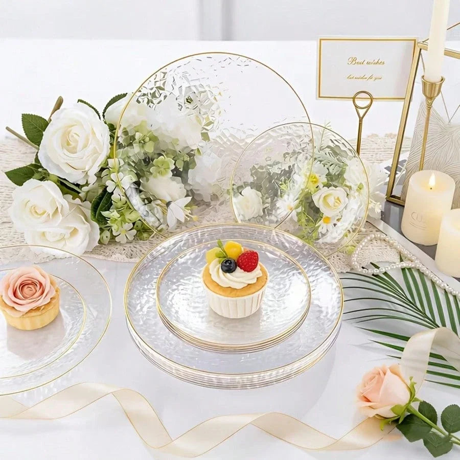 100-Piece Clear Hammered Gold Rim Disposable Plastic Dinnerware Set for 20 Guests