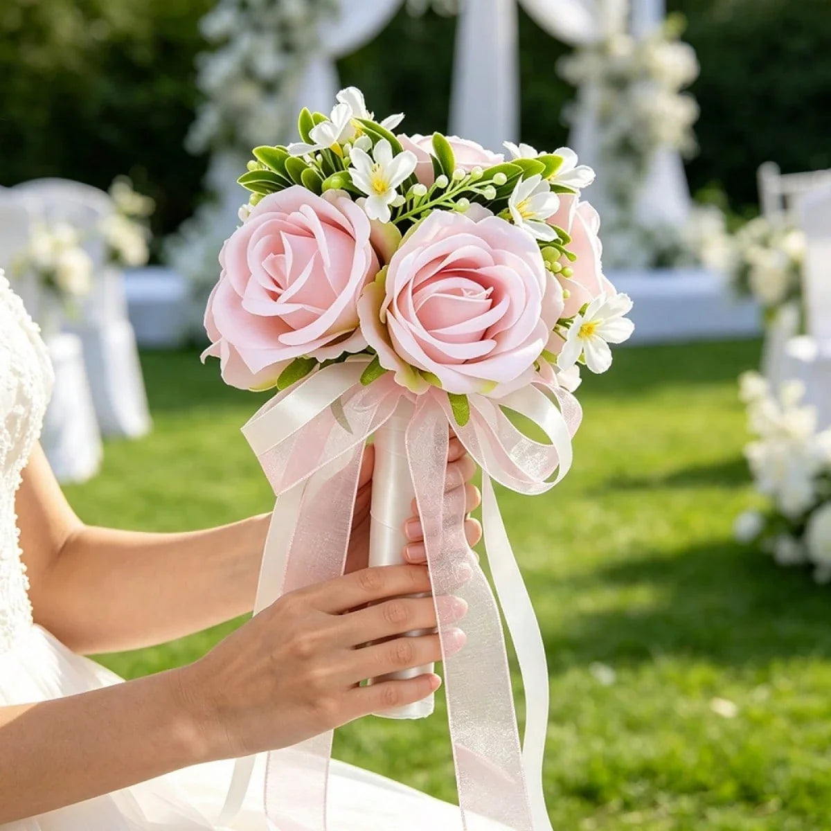 Elegant Ribbon Bridal Bouquet Artificial Flowers Wedding Supplies
