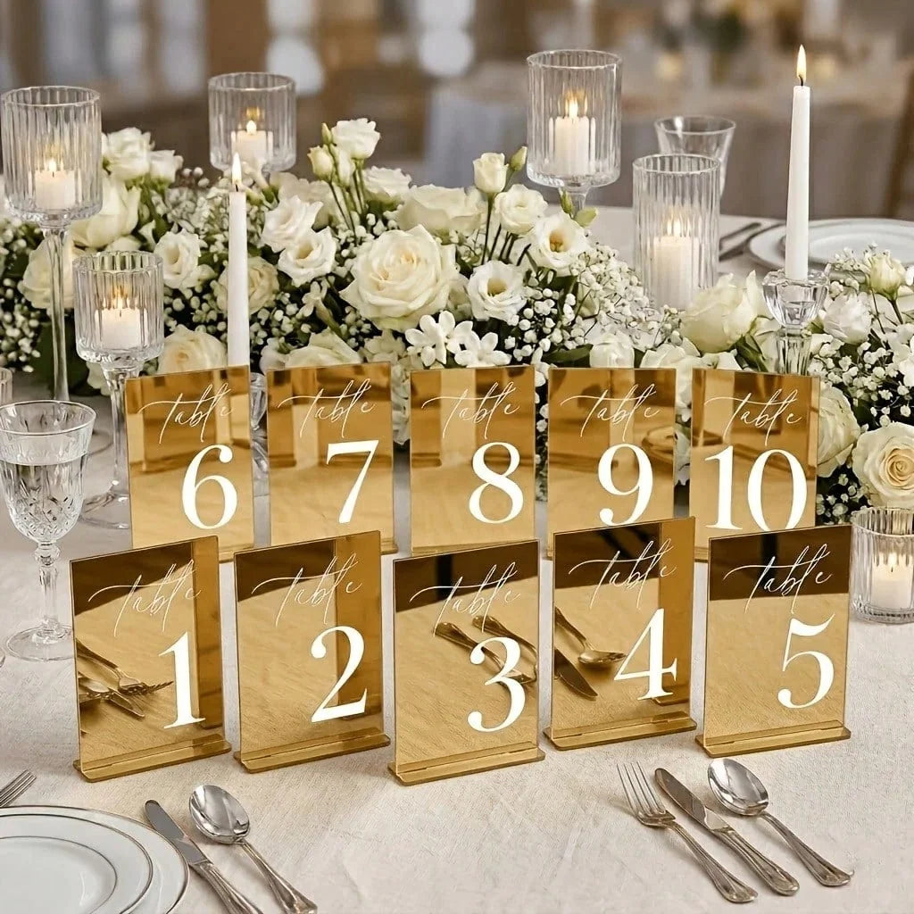 Gold Mirror Acrylic Wedding Table Numbers 10x15 cm Elegant Calligraphy Print