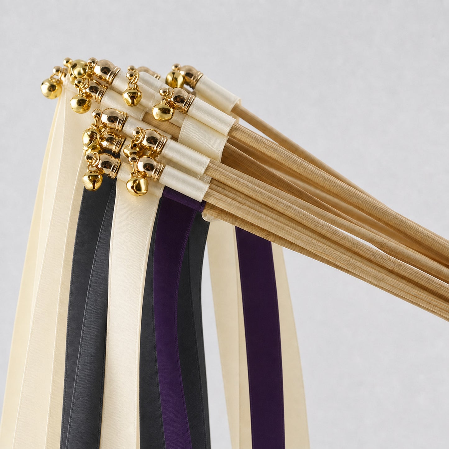 Handmade Moody Candlelight Wedding Ribbon Wands - Ivory, Charcoal and Plum with Bell