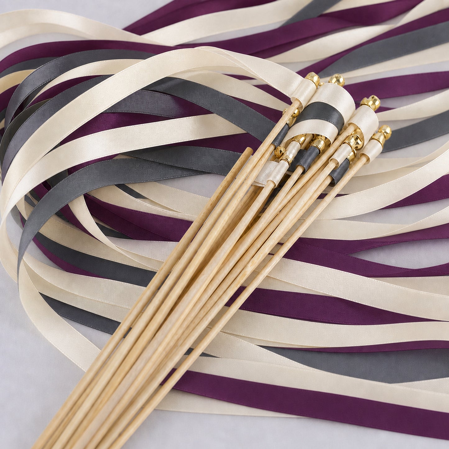 Handmade Moody Candlelight Wedding Ribbon Wands - Ivory, Charcoal and Plum with Bell