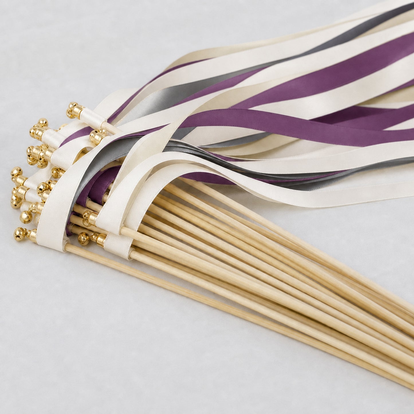 Handmade Moody Candlelight Wedding Ribbon Wands - Ivory, Charcoal and Plum with Bell