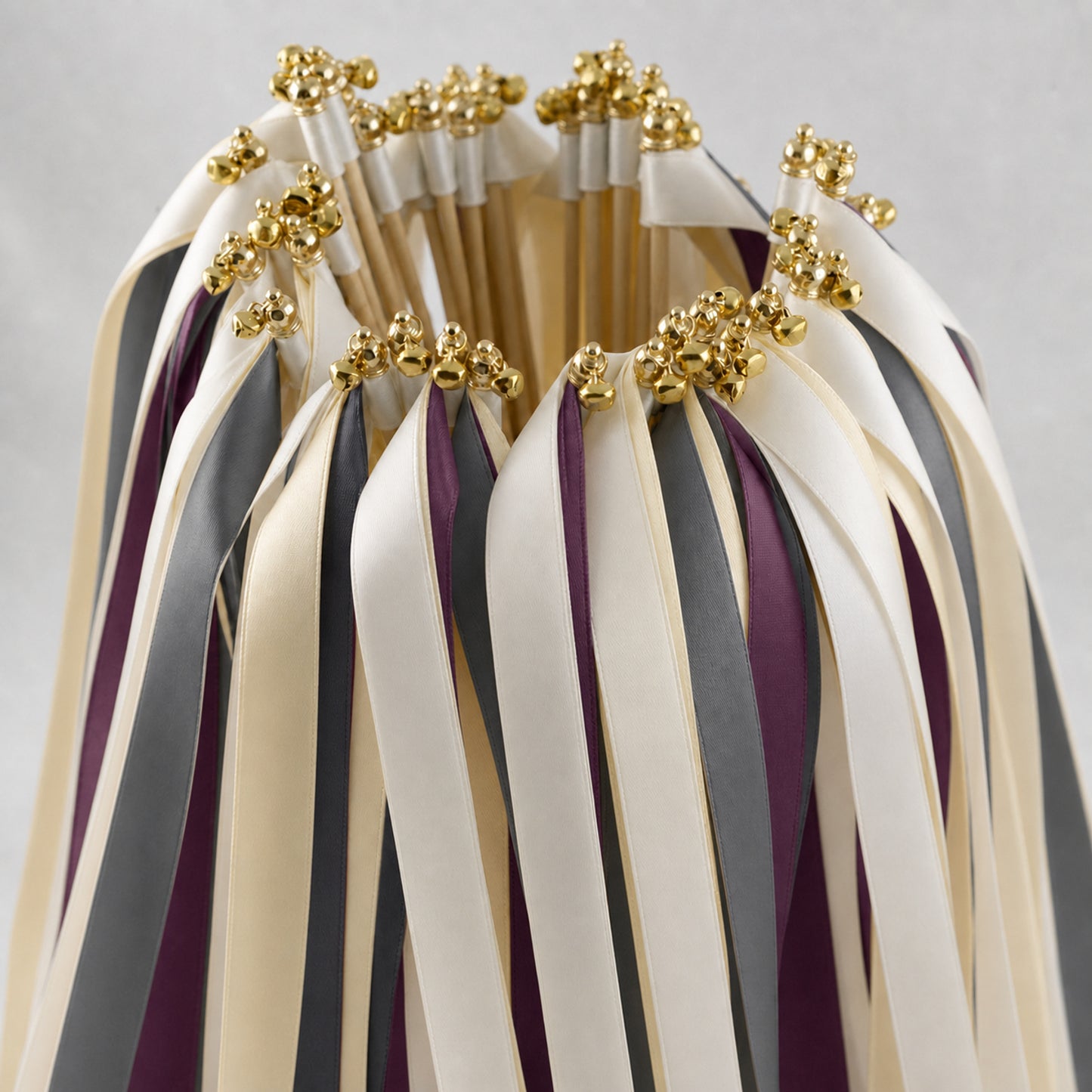 Handmade Moody Candlelight Wedding Ribbon Wands - Ivory, Charcoal and Plum with Bell