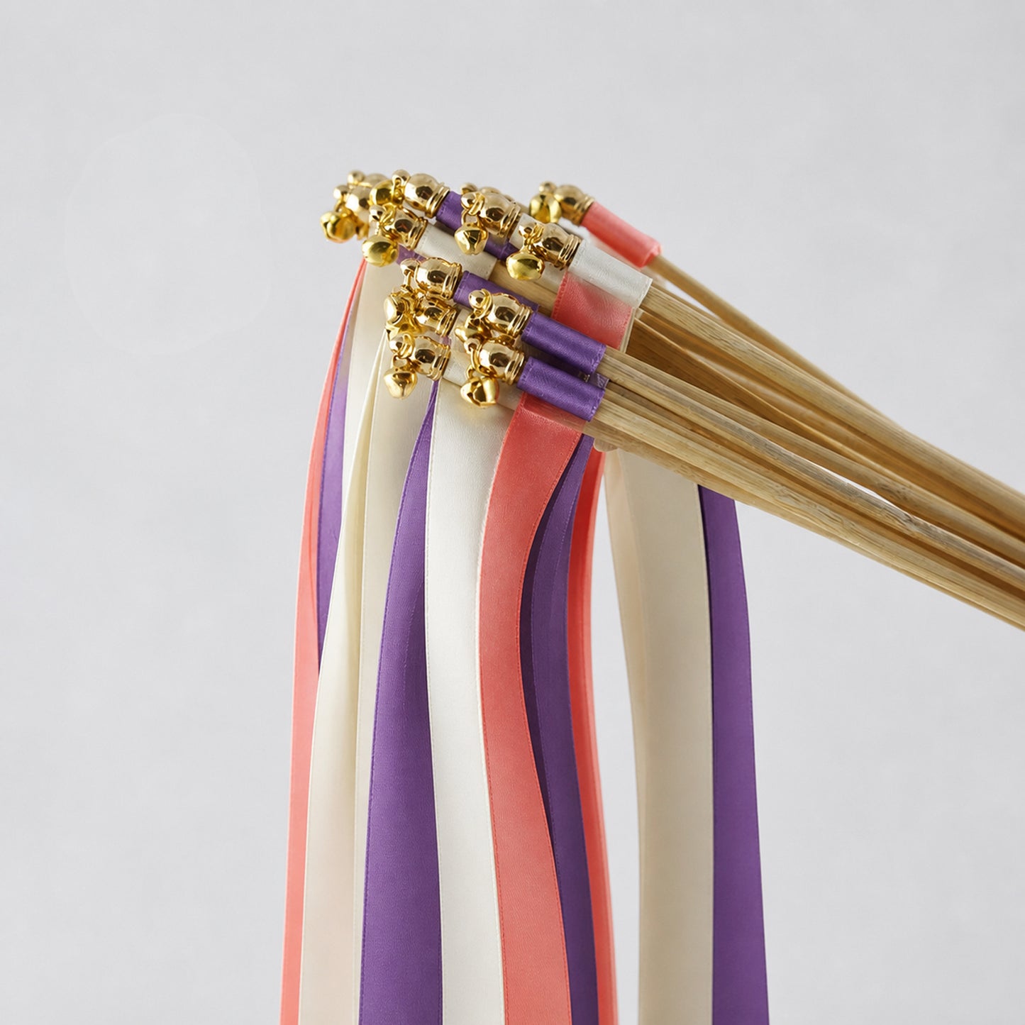 Off White, Grape and Coral Pink Wedding Exit Ribbon Wands with Bell - Vibrant Vineyard