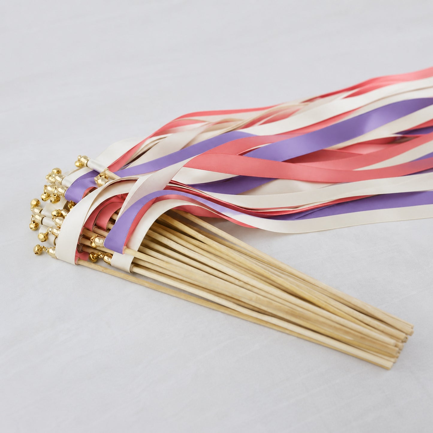 Off White, Grape and Coral Pink Wedding Exit Ribbon Wands with Bell - Vibrant Vineyard
