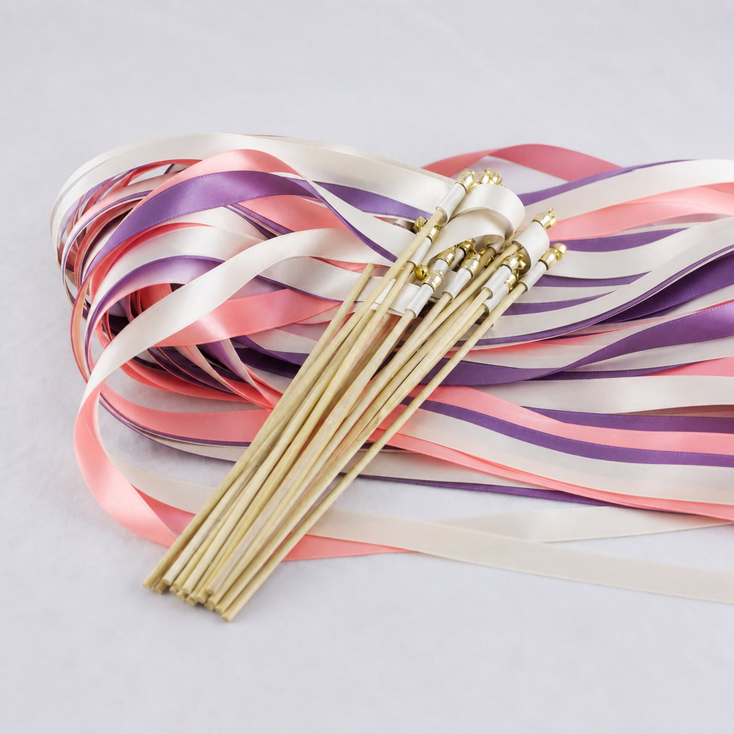 Off White, Grape and Coral Pink Wedding Exit Ribbon Wands with Bell - Vibrant Vineyard